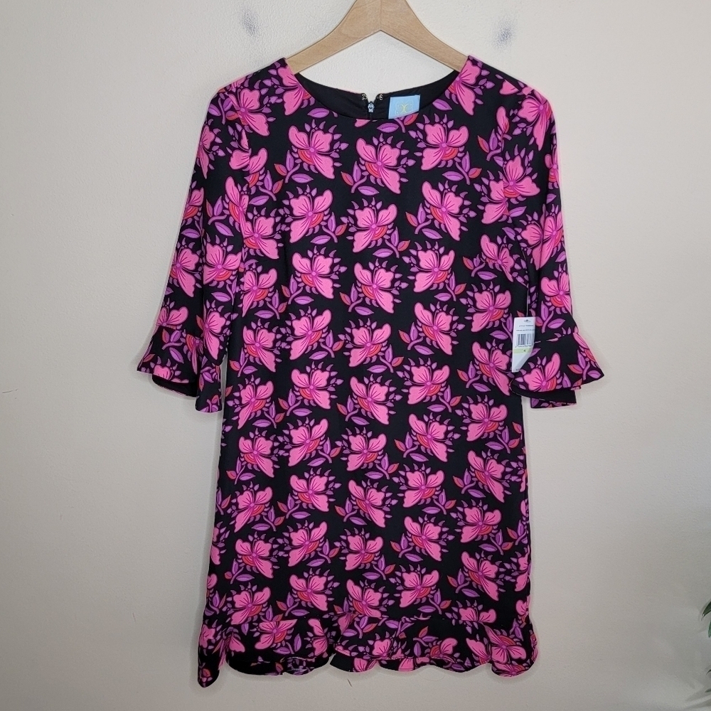NWT CeCe | Black Pink Purple Coral Floral Mini Dress with Ruffle Trim Size 4